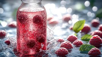 A glass jar holds sparkling raspberry drink while fresh raspberries and mint surround it photo