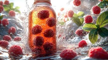 Raspberries dance in effervescent water against a backdrop of vibrant foliage photo