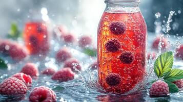 A sparkling raspberry beverage creates delightful splashes in a summer setting photo