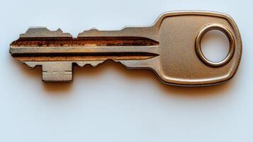 A metal key rests on a smooth white background, showcasing its craftsmanship photo