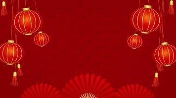 Chinese style red background with lantern and fan background.Chinese style effect background video