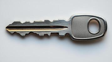 Close-up of a shiny metal key on a light background, showcasing reflections photo