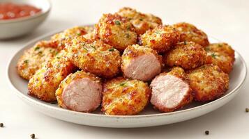 Crispy chicken nuggets piled high, ready to be dipped in a savory sauce and enjoyed photo