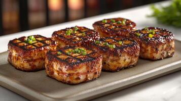 Juicy grilled salmon fillets topped with fresh green onions resting on a stone platter photo