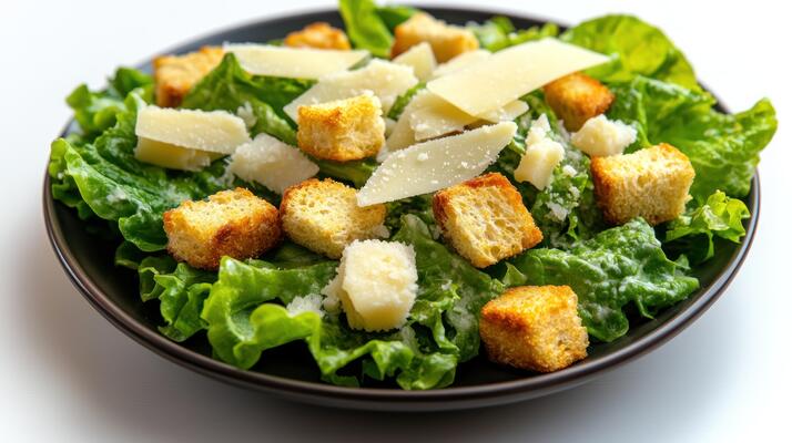 Crisp romaine lettuce topped with crunchy croutons and shaved cheese awaits enjoyment