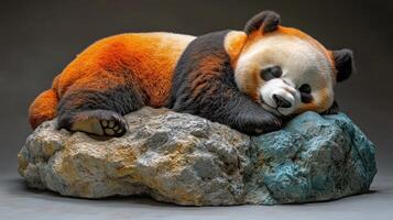 A giant panda enjoys a cozy nap on a brightly colored rock, embodying peace and warmth photo