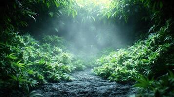 A tranquil path weaves through dense vegetation with soft morning mist embracing nature photo