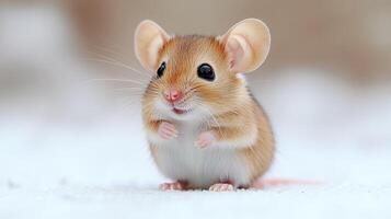 A tiny mouse curiously explores its snowy habitat, displaying its adorable features photo