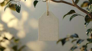 A simple tag dangles from a branch, illuminated by soft, golden light photo