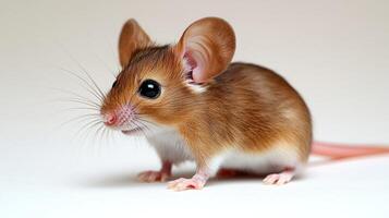 A small, attentive mouse with large ears investigates its tranquil environment photo