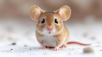A small, inquisitive mouse stands on soft sand, taking in its environment photo
