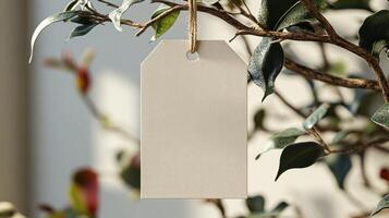 A blank tag dangles gracefully, illuminated by soft sunlight from a nearby window photo