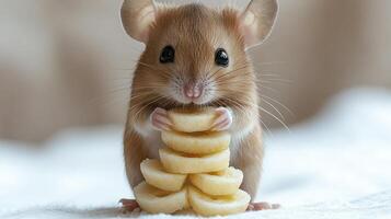 A tiny mouse clutches banana slices in a delightful display of balance and joy photo
