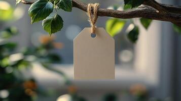 A simple tag dangles from a branch, surrounded by lush greenery and soft sunlight photo