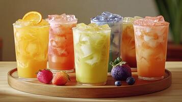 A vibrant selection of chilled beverages served in clear glasses awaits to be enjoyed photo