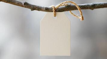 A simple blank tag dangles gently from a branch in a tranquil natural environment photo