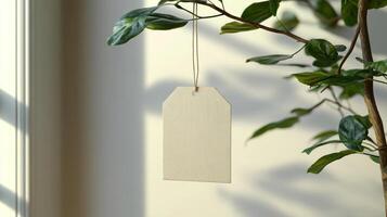 A simple, empty tag sways softly from a branch, illuminated by warm sunlight photo