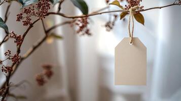 A simple tag hangs gracefully from a branch, surrounded by soft natural elements photo
