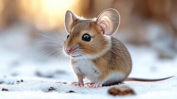 A small, adorable mouse ventures across soft, white snow, exploring its surroundings photo