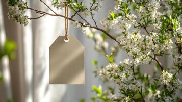 A blank tag dangles from a flowering branch in a serene garden setting photo