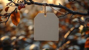A rustic tag sways softly from a tree branch surrounded by colorful autumn foliage photo