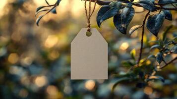 A simple tag hangs gracefully from a branch, surrounded by gentle greenery at dusk photo