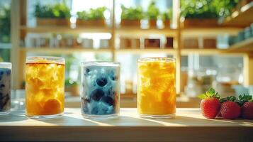 Colorful drinks arranged on a wooden table capture the essence of summer photo