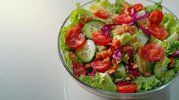 A delightful mixture of greens, tomatoes, and cucumbers fills a clear bowl photo