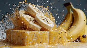 Juicy banana slices create a vibrant splash, bringing life to the kitchen countertop photo