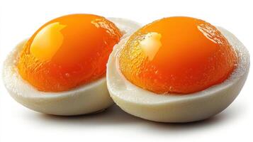 Two vibrant eggs with shiny yolks and smooth shells reflect light beautifully photo