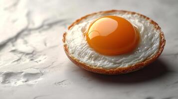 A vibrant yolk rests perfectly within a crispy egg white on marble photo