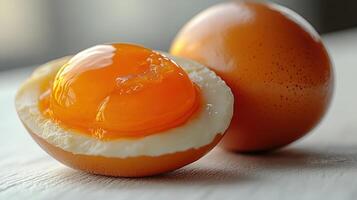 Golden yolks glisten softly, their vibrant color captivating against a simple background photo