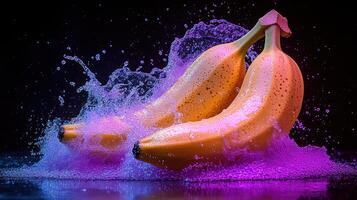 Fresh bananas burst through colorful water, creating an explosive and vibrant display photo