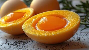 Golden yolks gleam within tender whites, set against a backdrop of herbs and spices photo