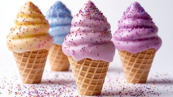 Delightful ice cream cones topped with colorful sprinkles on a bright background photo