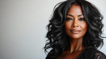 A woman with long, flowing curls exudes confidence and poise in serene lighting photo