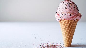 A delicious scoop of sweet pink ice cream topped with vibrant sprinkles awaits photo