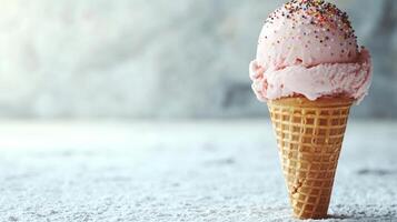 A delicious scoop of pink ice cream adorned with colorful sprinkles awaits enjoyment photo