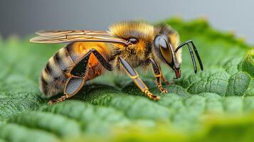 A honeybee explores a lush green leaf, basking in the warm sunlight of midday photo