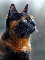 A close-up portrait of a tricolored cat with a curious expression photo