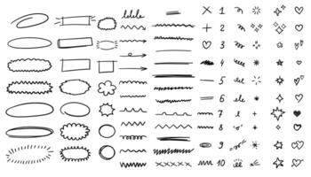 Doodle heart, arrow, star, sparkle decoration symbol set icon. Simple sketch line style emphasis, attention, pattern elements. illustration. vector