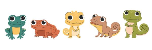 Cute reptiles, lizard, iguana, chameleon, frog. Set of flat illustrations in simple child style on white background. vector