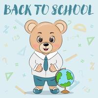 back to school card, cute bear with a globe vector
