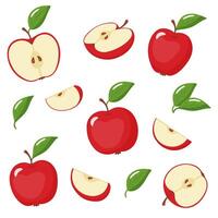 set of green red apples with leaves vector