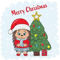 Christmas card hedgehog girl in santa claus hat with fir tree vector