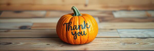Vibrant pumpkin with a heartfelt message displayed on a rustic wooden table during autumn festivities photo