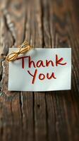 Thank you card on rustic wooden table, perfect for expressing gratitude and appreciation in any setting photo