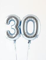 Celebrating a milestone with silver 30 balloons for a special birthday event indoors photo