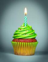 Colorful cupcake with green frosting and a lit candle for a joyful celebration moment photo