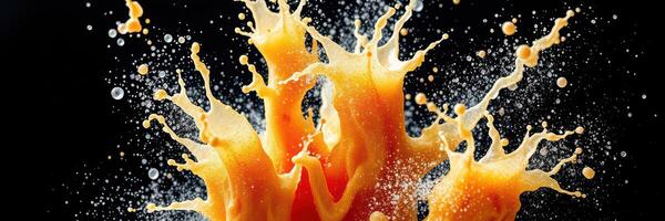 Dynamic splash of orange liquid against a black background showcasing vibrant colors and textures photo
